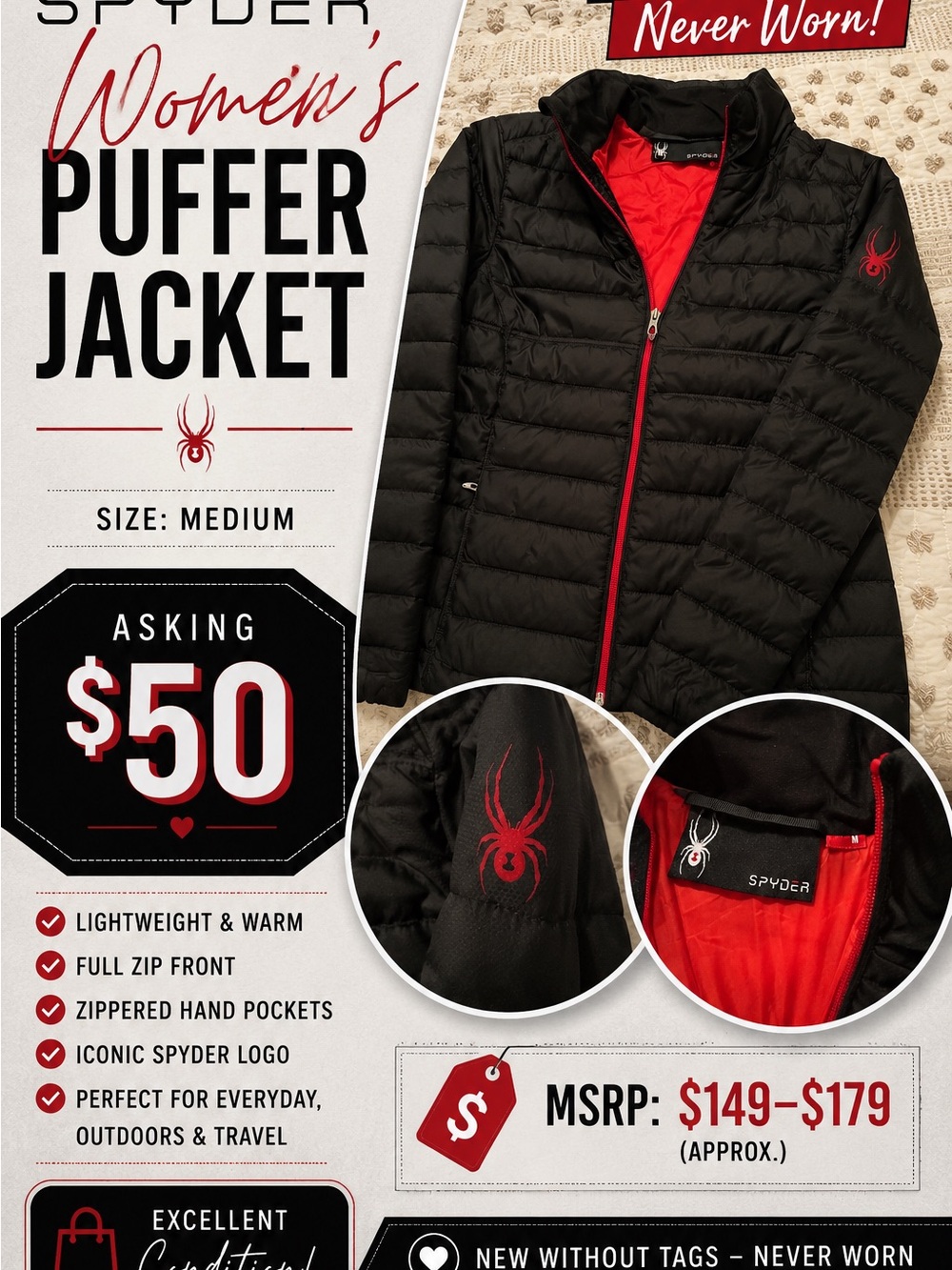 Spyder Women's Black Puffer Jacket with Red Lining